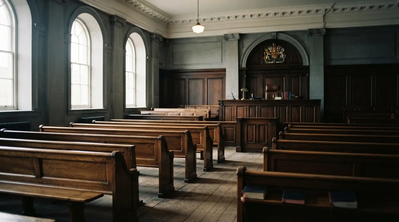 An empty courtroom with wooden benches in morning light