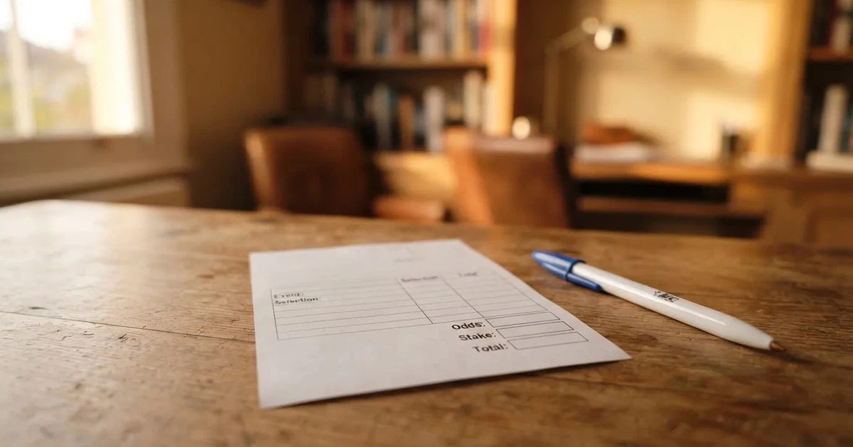 A blank paper betting slip beside a pen on a wooden counter