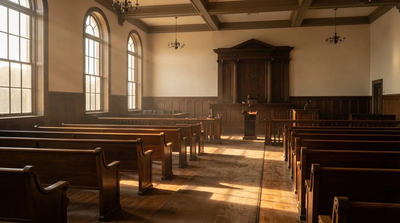 An empty courtroom with wooden benches in morning light