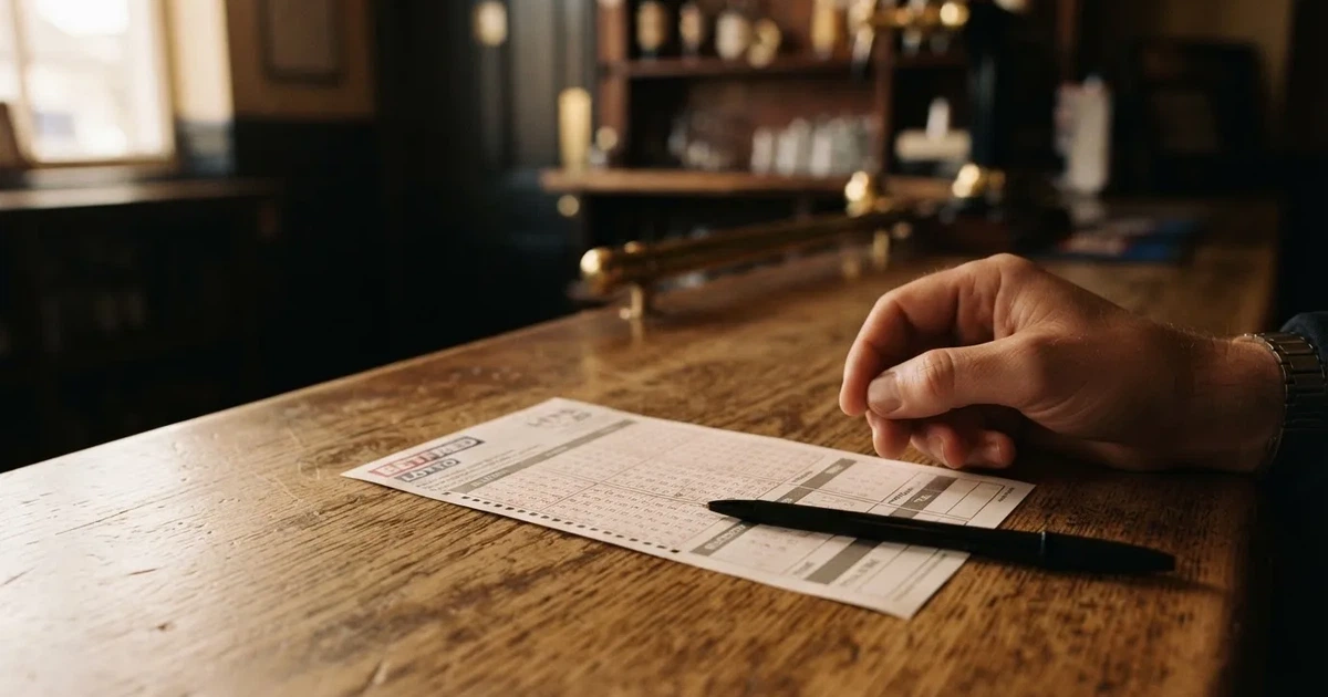 A blank paper betting slip beside a pen on a wooden counter
