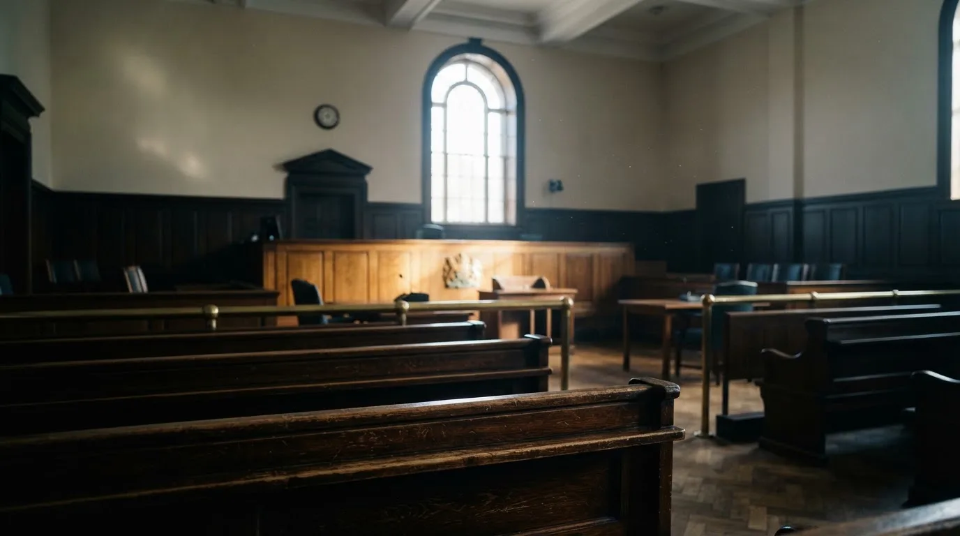 An empty courtroom with wooden benches in morning light