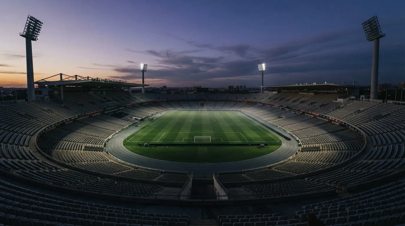 An empty football stadium with floodlight masts at dusk