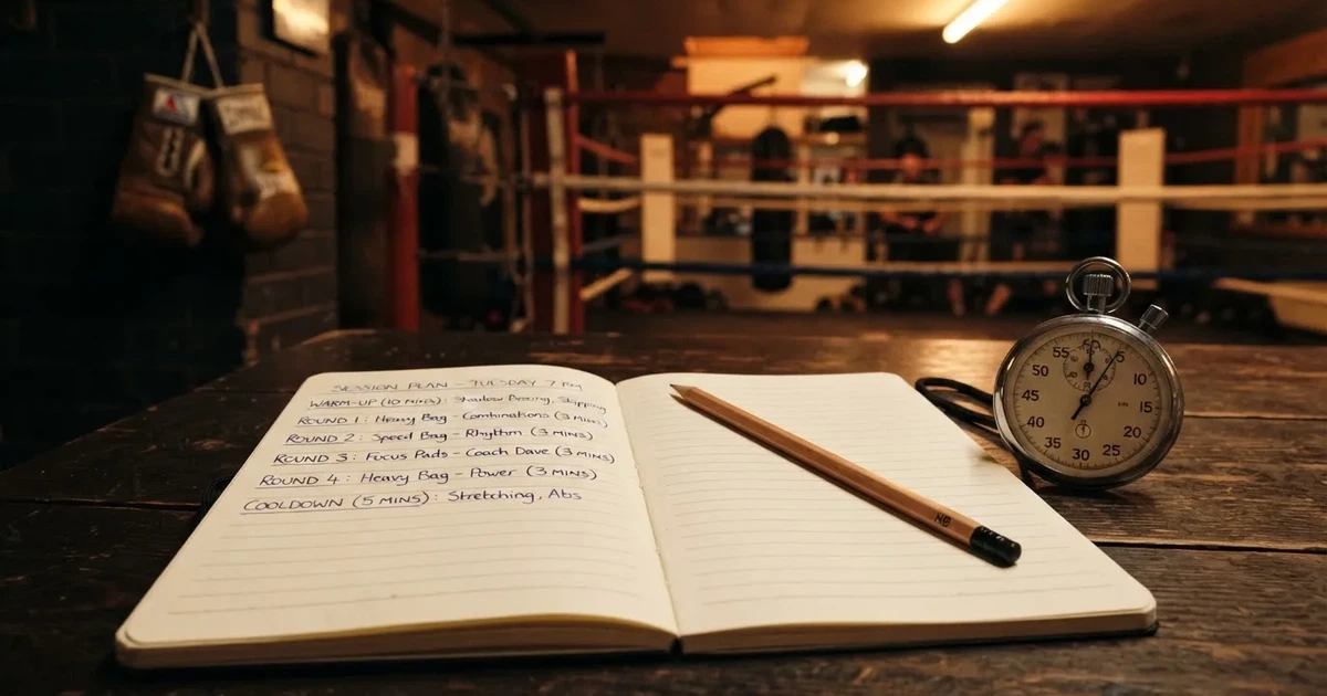 An open notebook with a pencil and a stopwatch on a wooden table