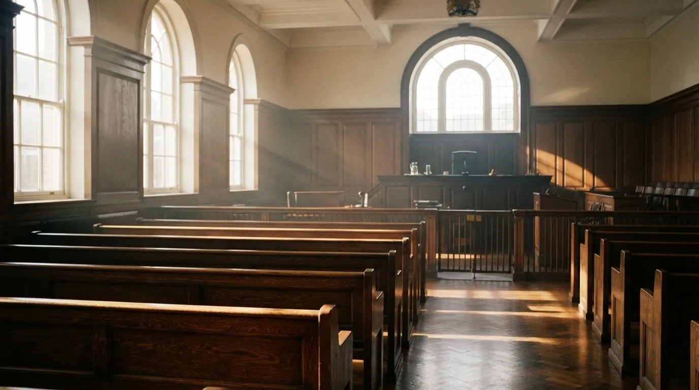 An empty courtroom with wooden benches in morning light