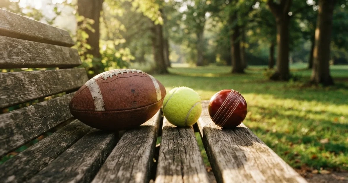 Three balls of different kinds side by side on a wooden bench