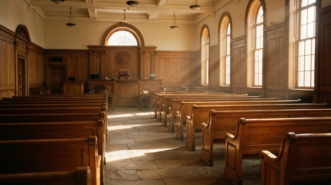 An empty courtroom with wooden benches in morning light