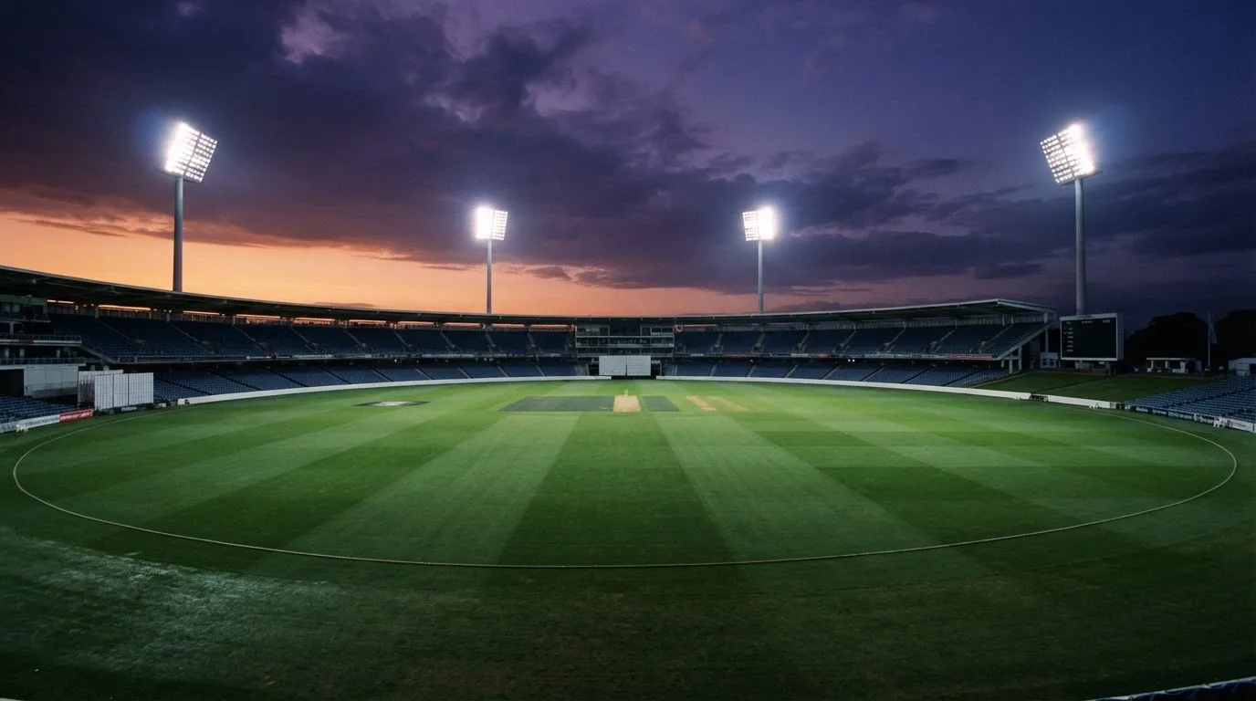 An empty football stadium with floodlight masts at dusk