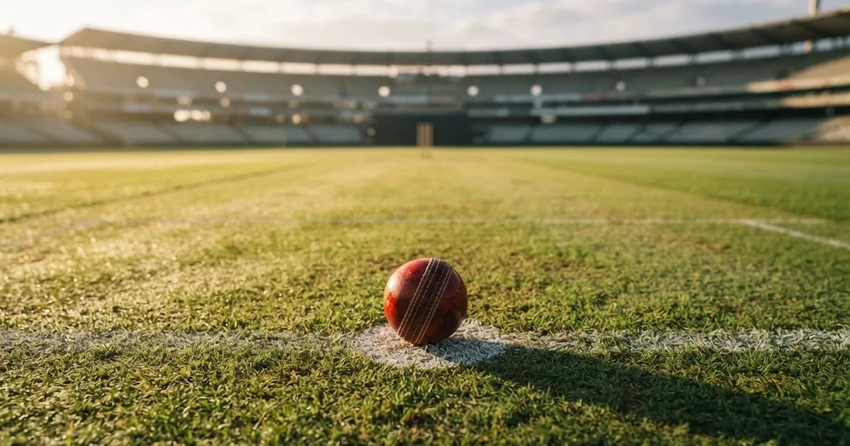A ball on the centre spot of a grass pitch in morning light