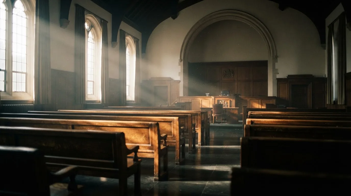 An empty courtroom with wooden benches in morning light