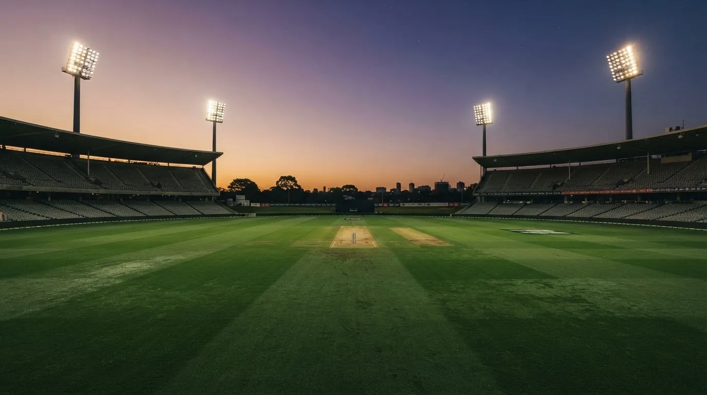 An empty football stadium with floodlight masts at dusk