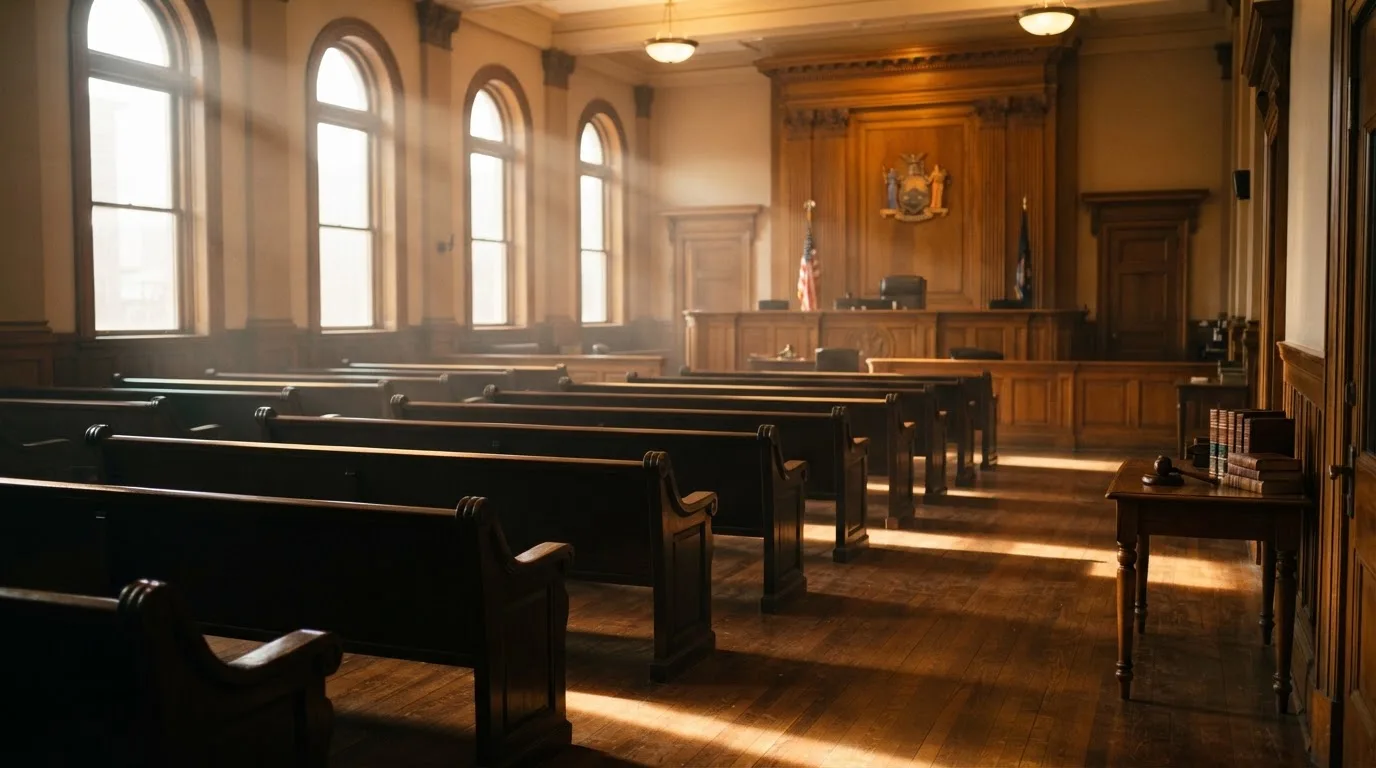 An empty courtroom with wooden benches in morning light