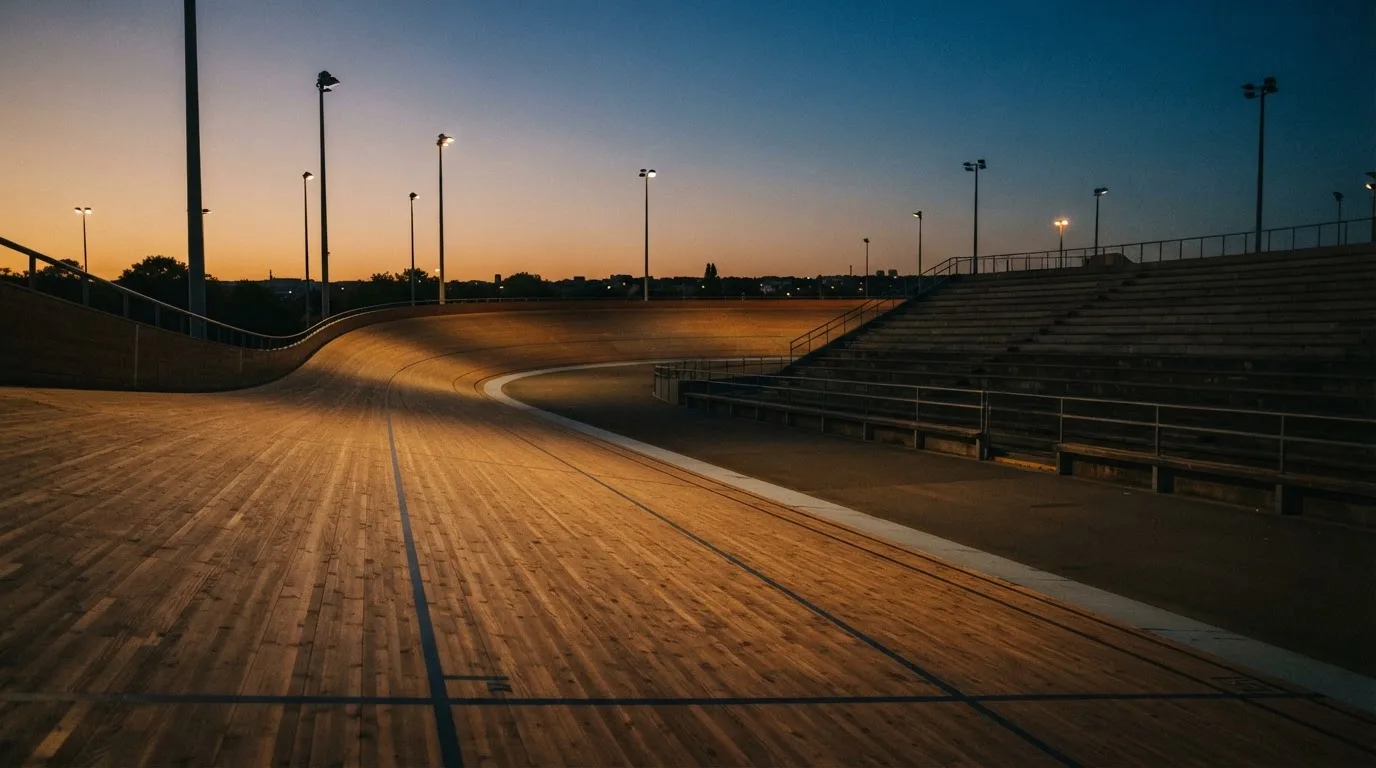 An empty football stadium with floodlight masts at dusk