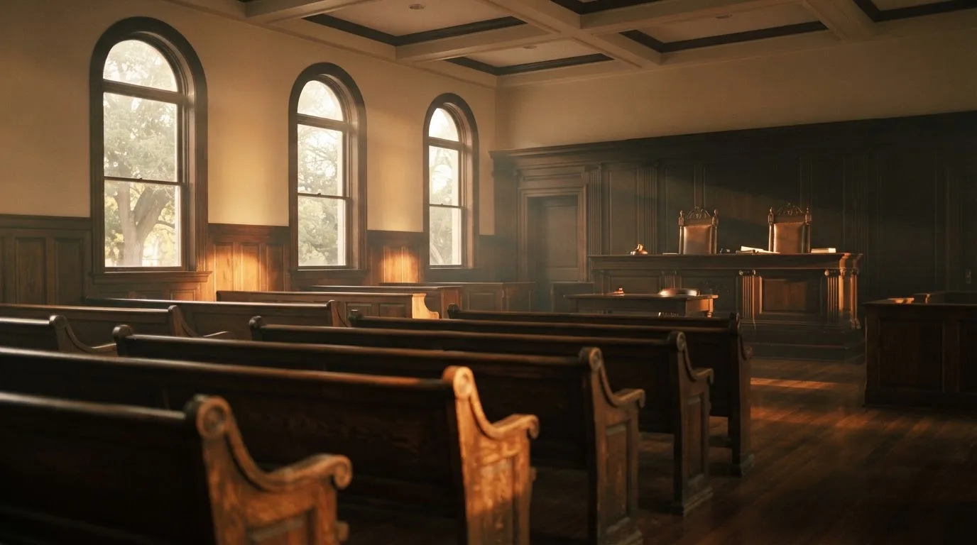 An empty courtroom with wooden benches in morning light