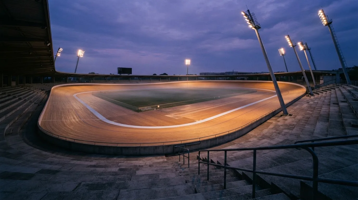An empty football stadium with floodlight masts at dusk