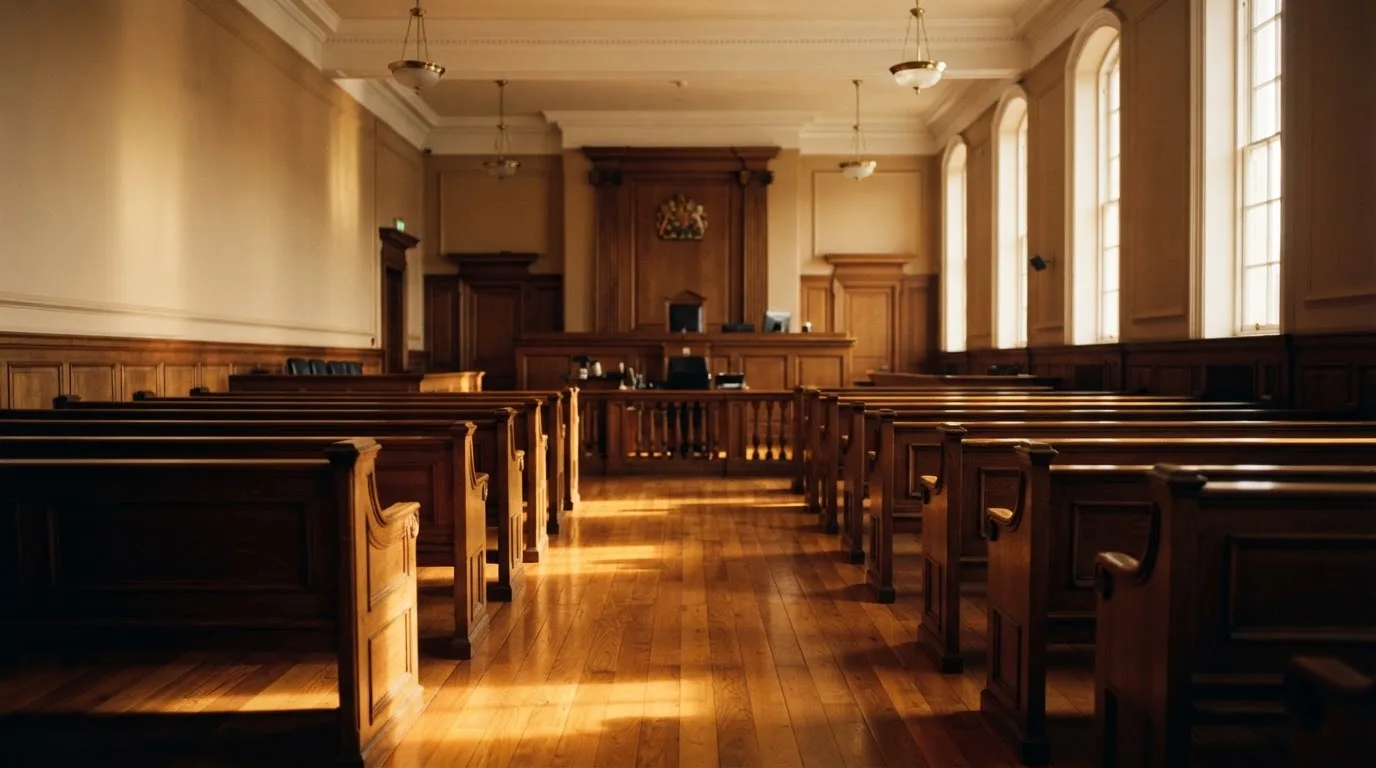 An empty courtroom with wooden benches in morning light