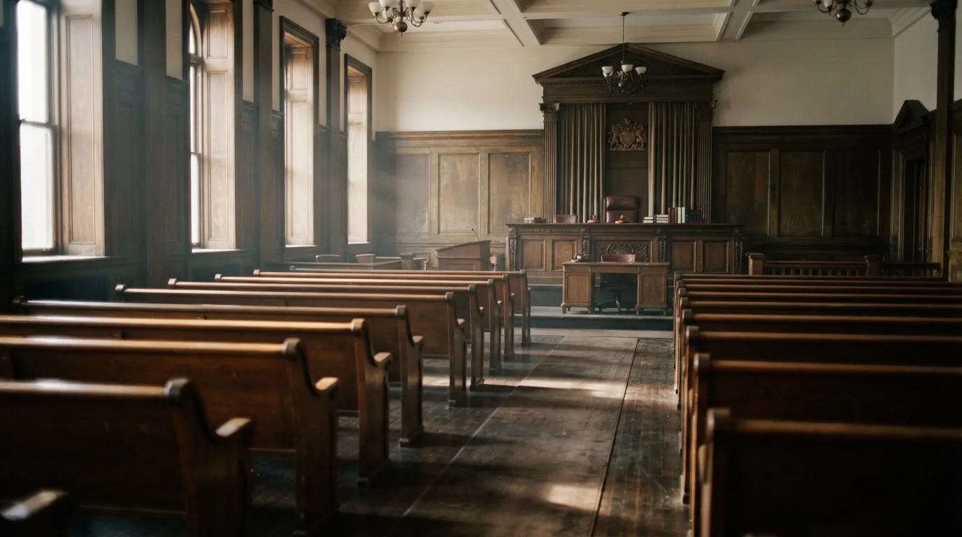 An empty courtroom with wooden benches in morning light