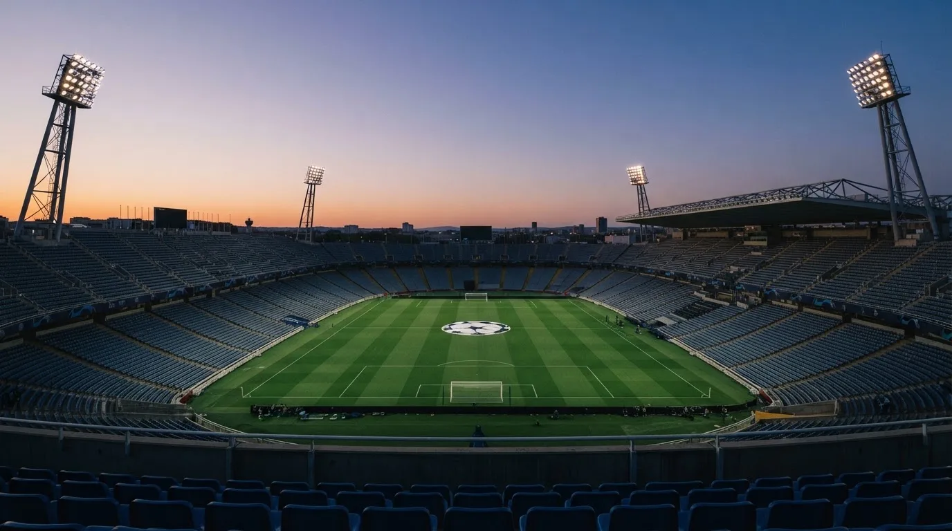 An empty football stadium with floodlight masts at dusk
