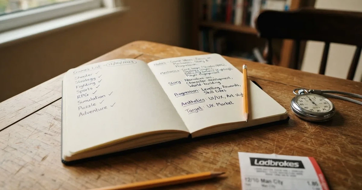 An open notebook with a pencil and a stopwatch on a wooden table