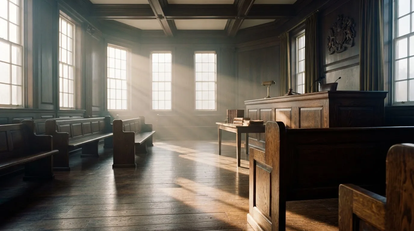 An empty courtroom with wooden benches in morning light