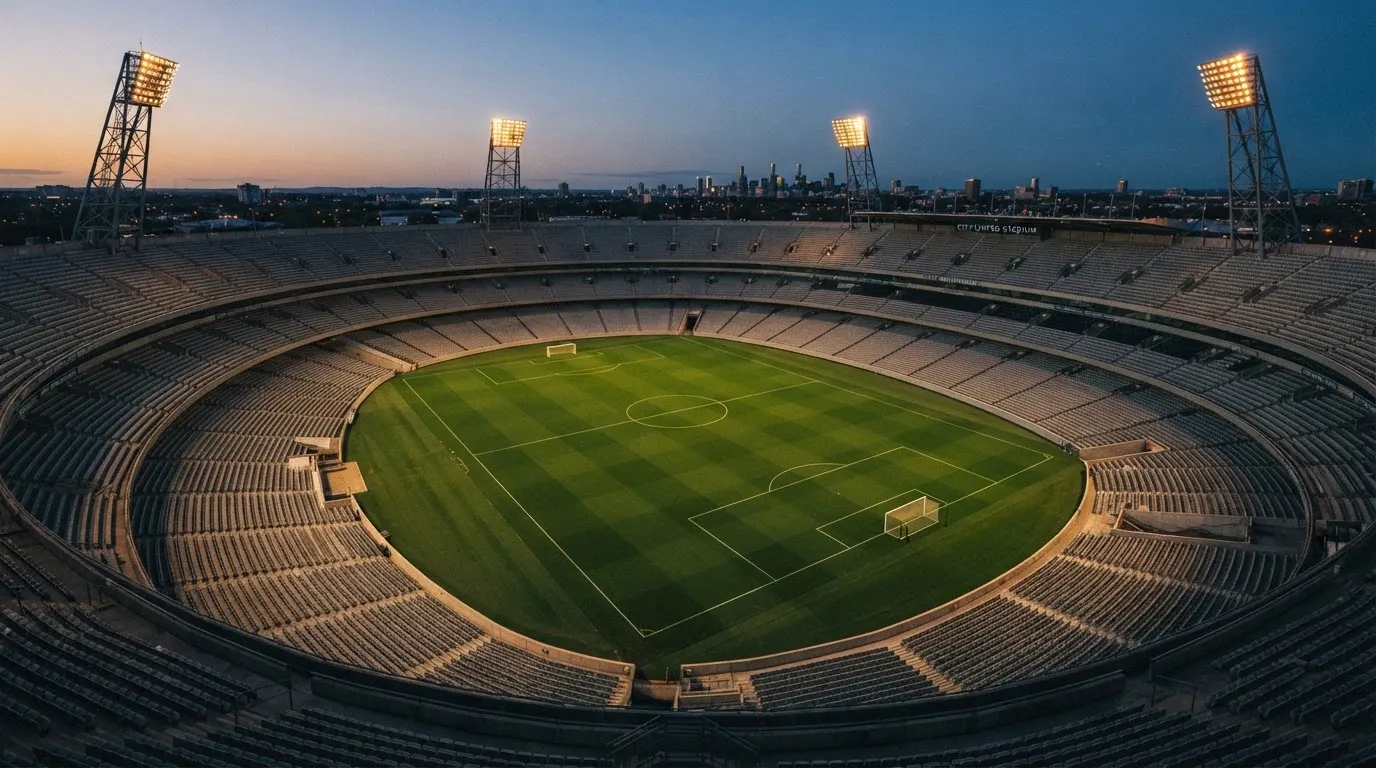 An empty football stadium with floodlight masts at dusk
