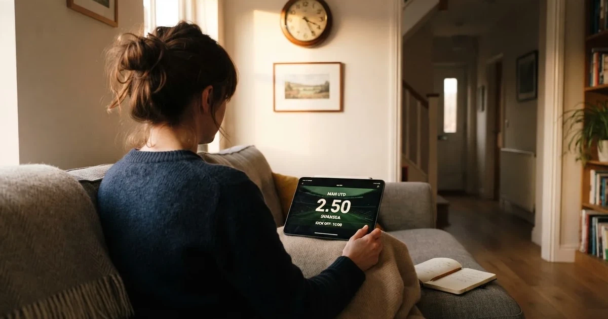 A person on a sofa looking thoughtfully at a tablet, a wall clock in the background
