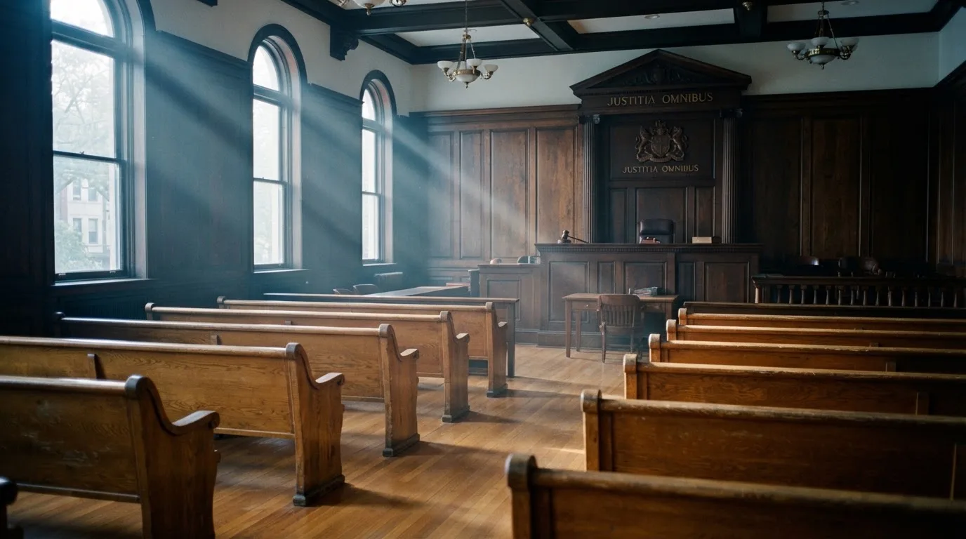 An empty courtroom with wooden benches in morning light