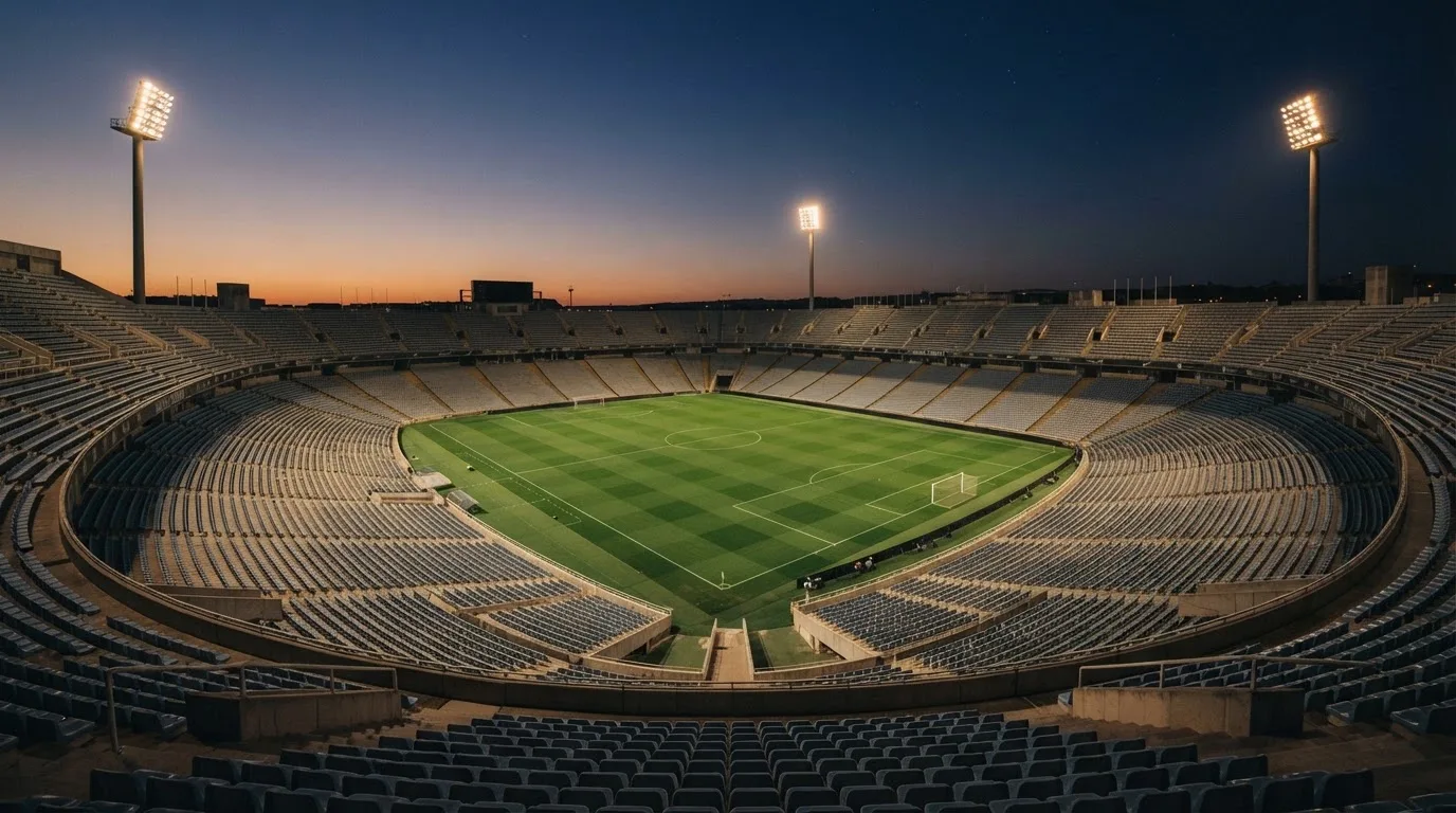 An empty football stadium with floodlight masts at dusk
