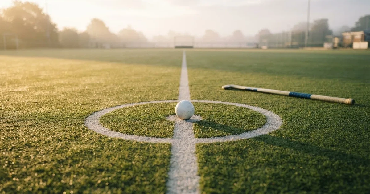 A ball on the centre spot of a grass pitch in morning light
