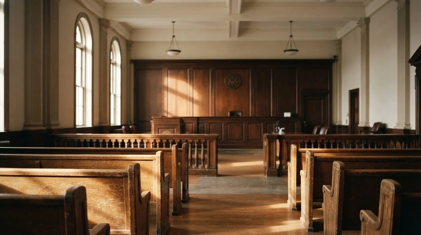 An empty courtroom with wooden benches in morning light