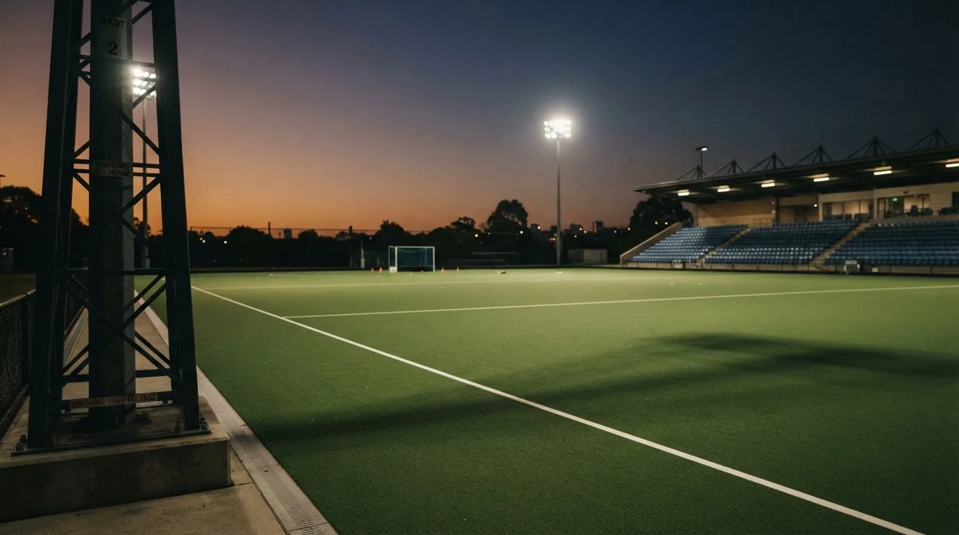 An empty football stadium with floodlight masts at dusk