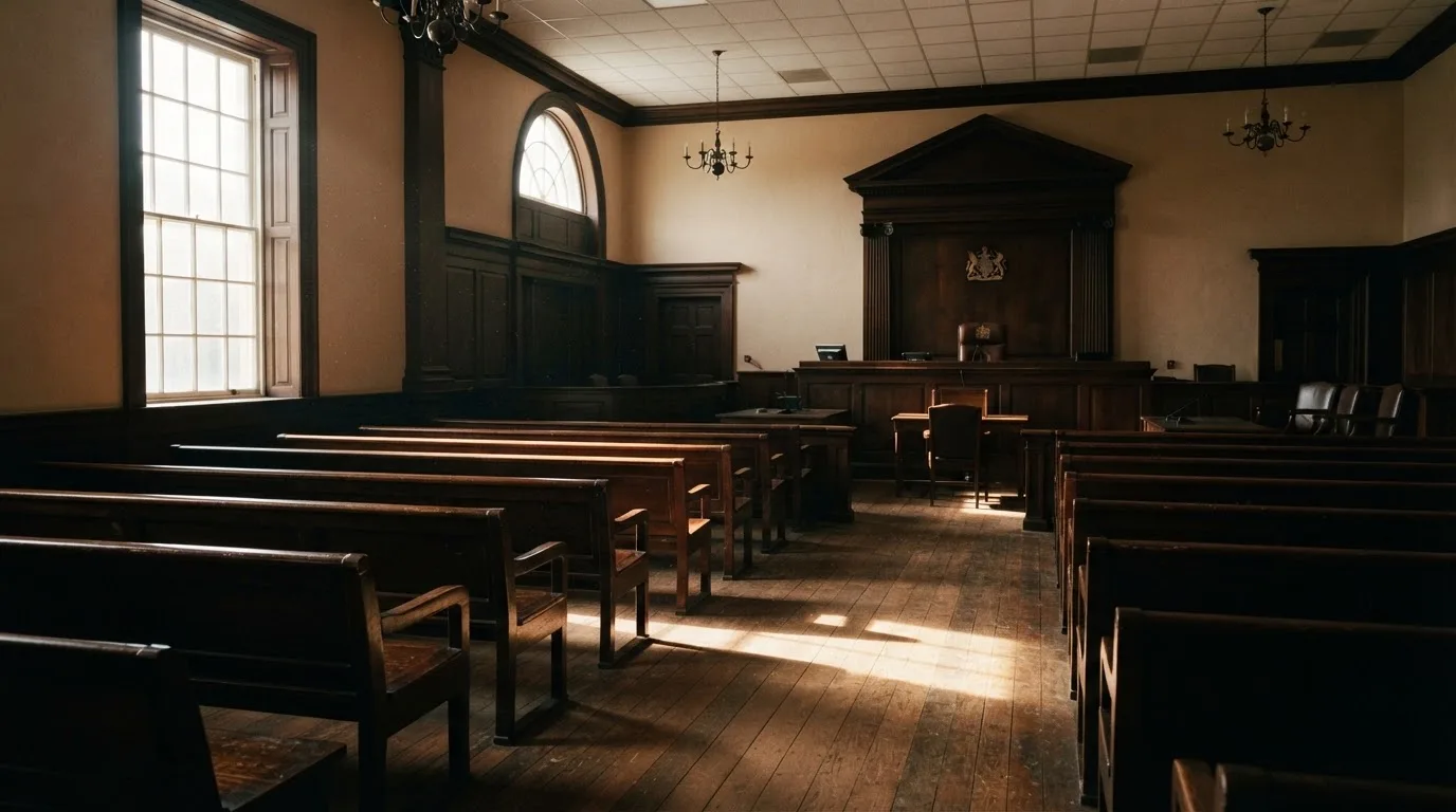 An empty courtroom with wooden benches in morning light