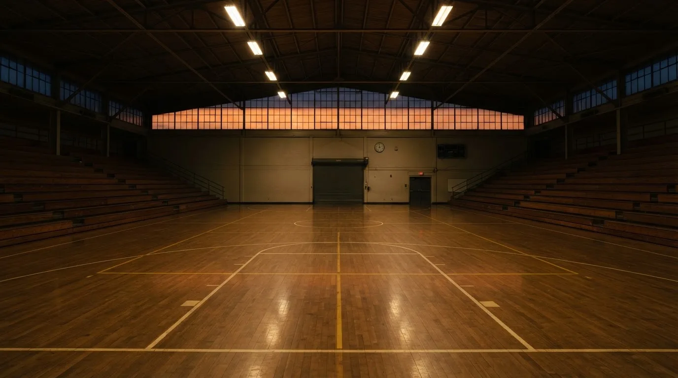 An empty football stadium with floodlight masts at dusk