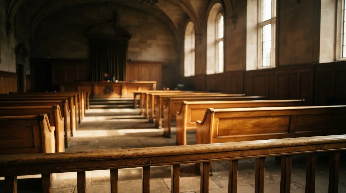 An empty courtroom with wooden benches in morning light