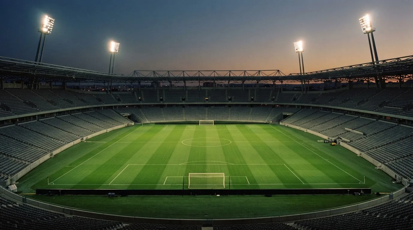An empty football stadium with floodlight masts at dusk