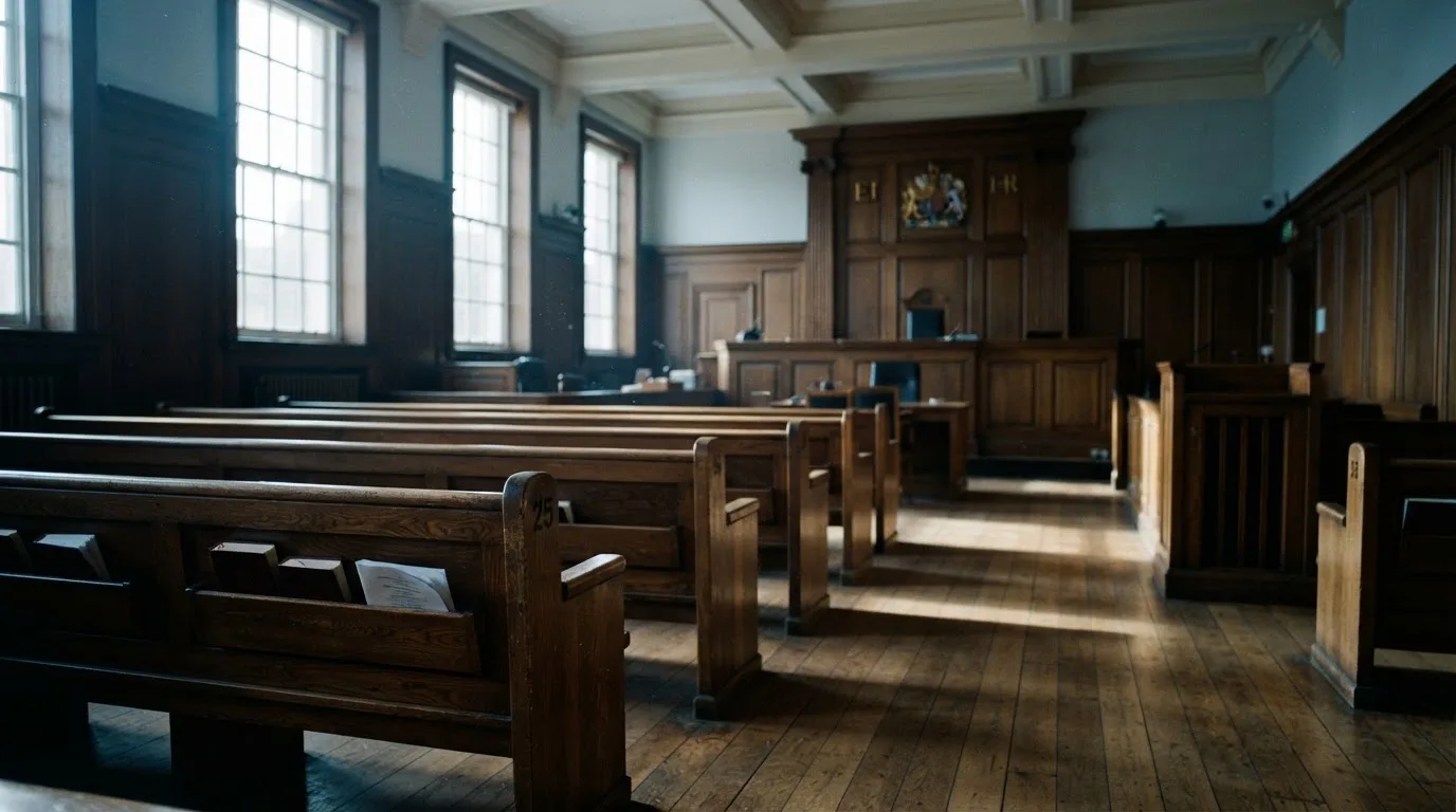 An empty courtroom with wooden benches in morning light