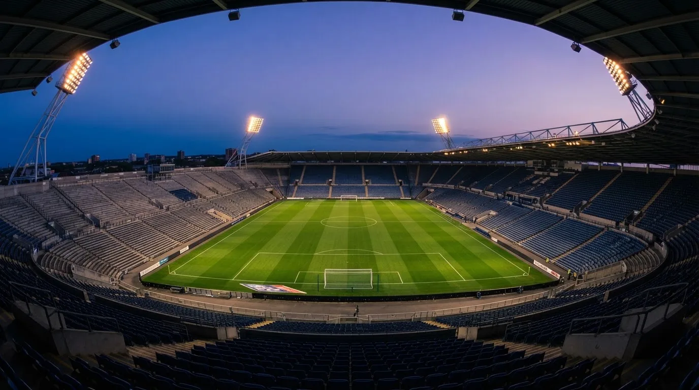 An empty football stadium with floodlight masts at dusk
