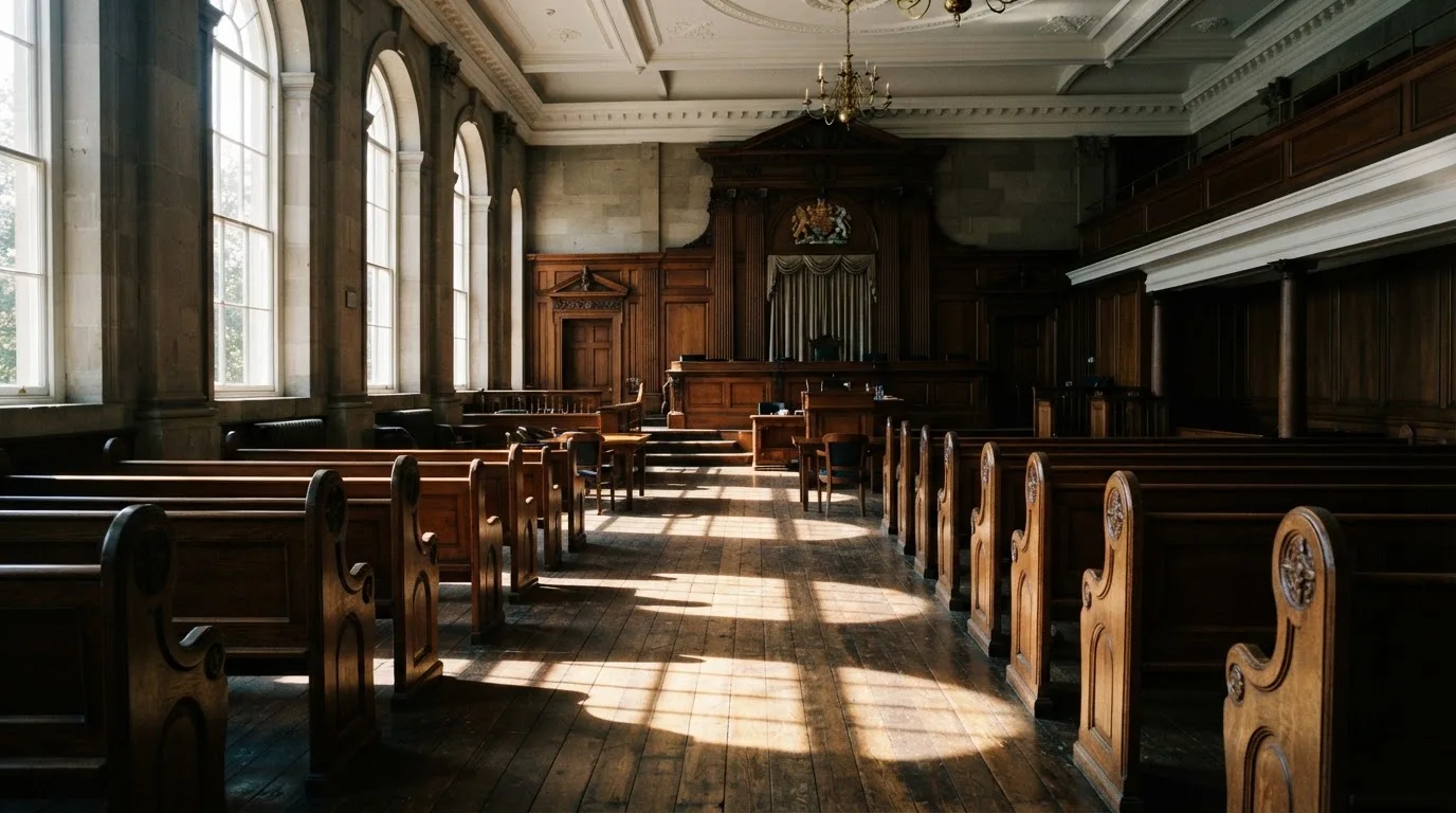 An empty courtroom with wooden benches in morning light