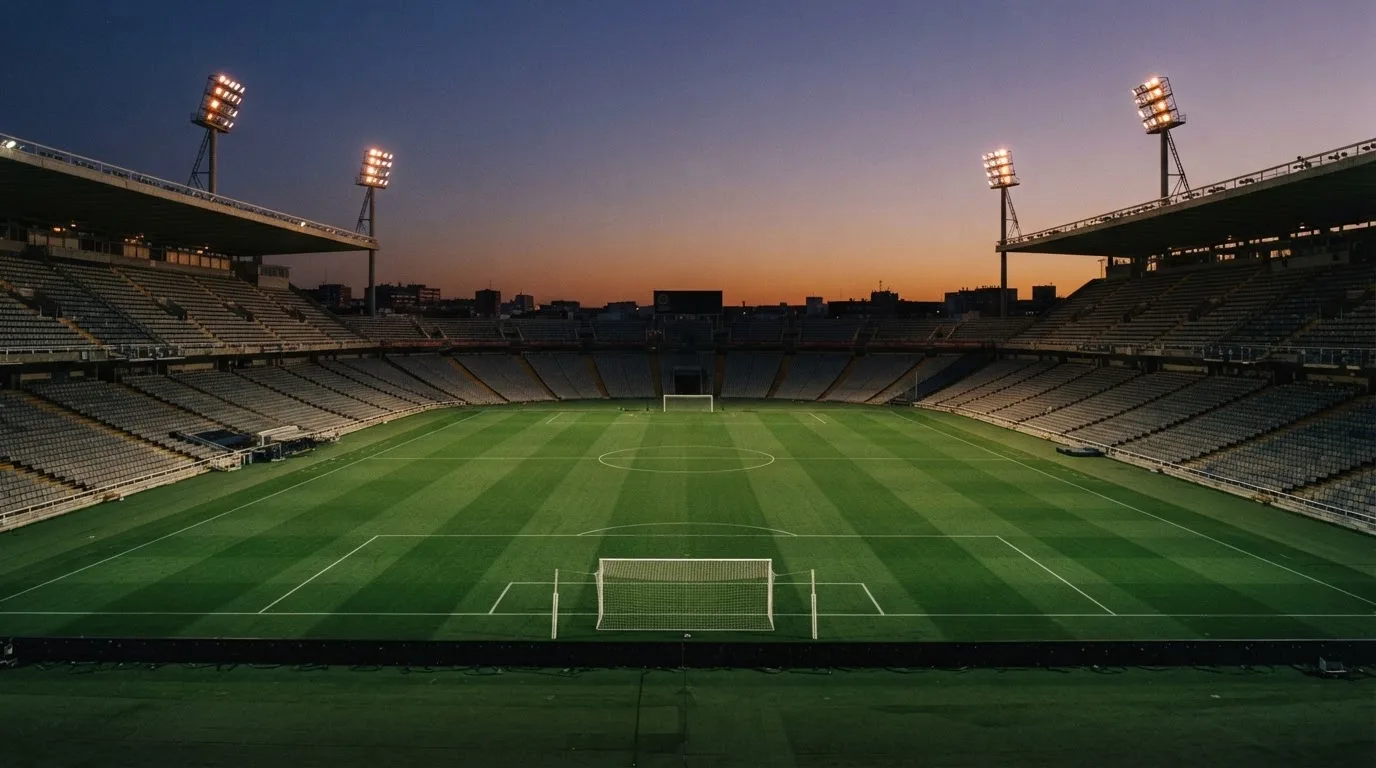 An empty football stadium with floodlight masts at dusk