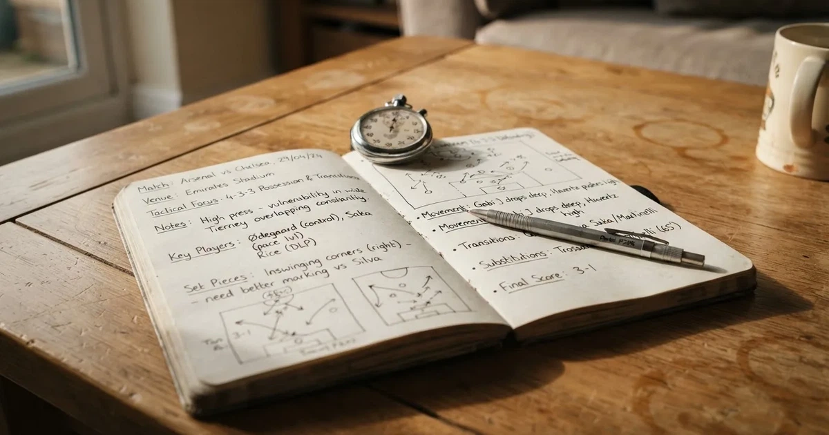 An open notebook with a pencil and a stopwatch on a wooden table