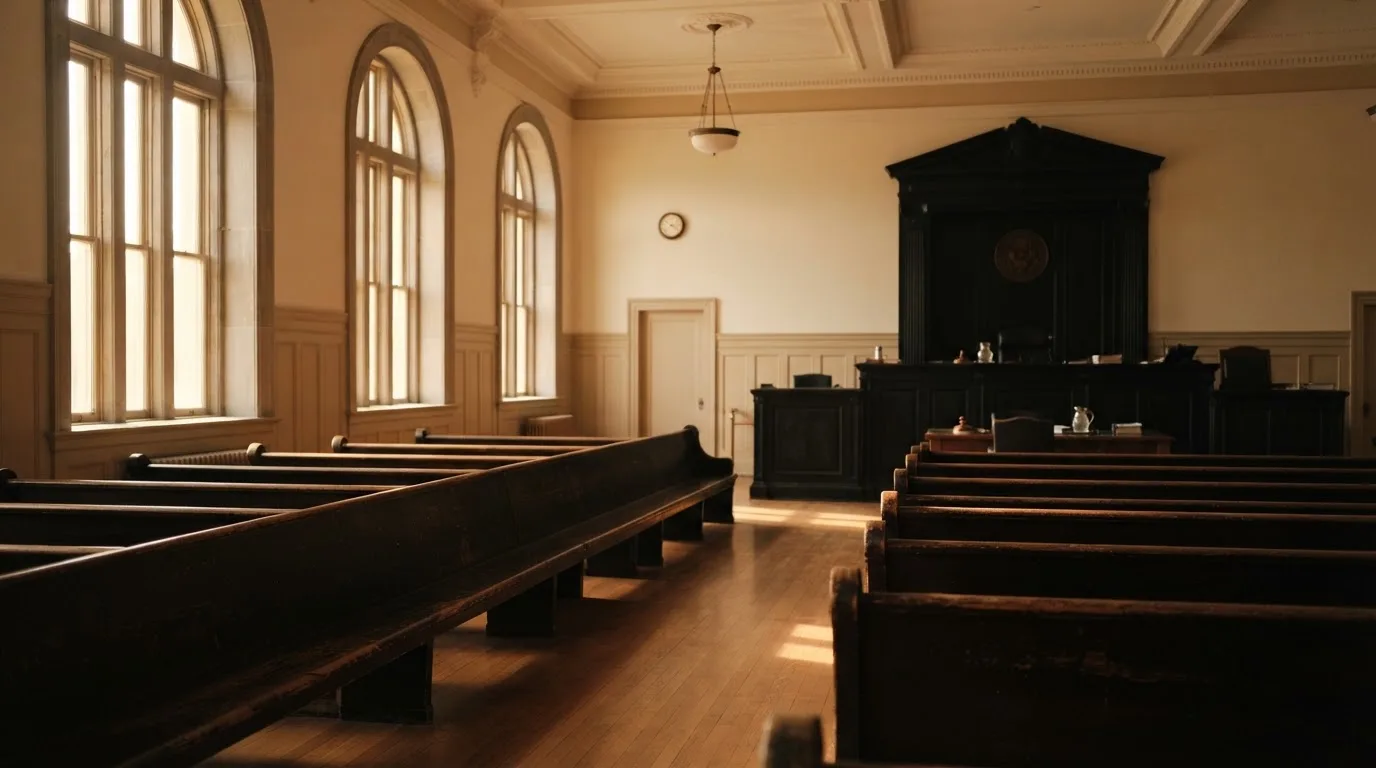 An empty courtroom with wooden benches in morning light
