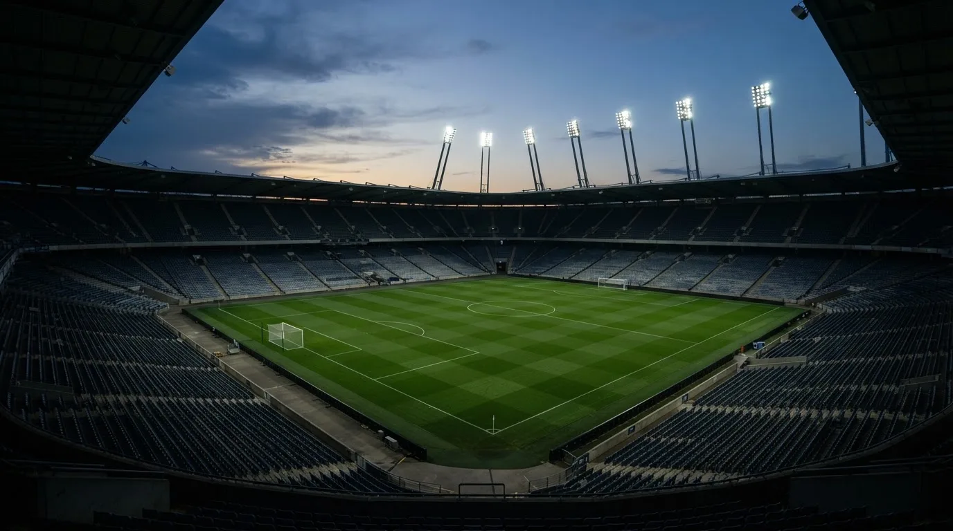 An empty football stadium with floodlight masts at dusk