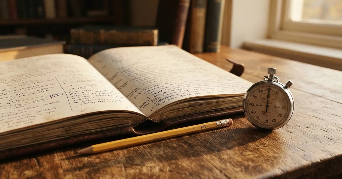 An open notebook with a pencil and a stopwatch on a wooden table