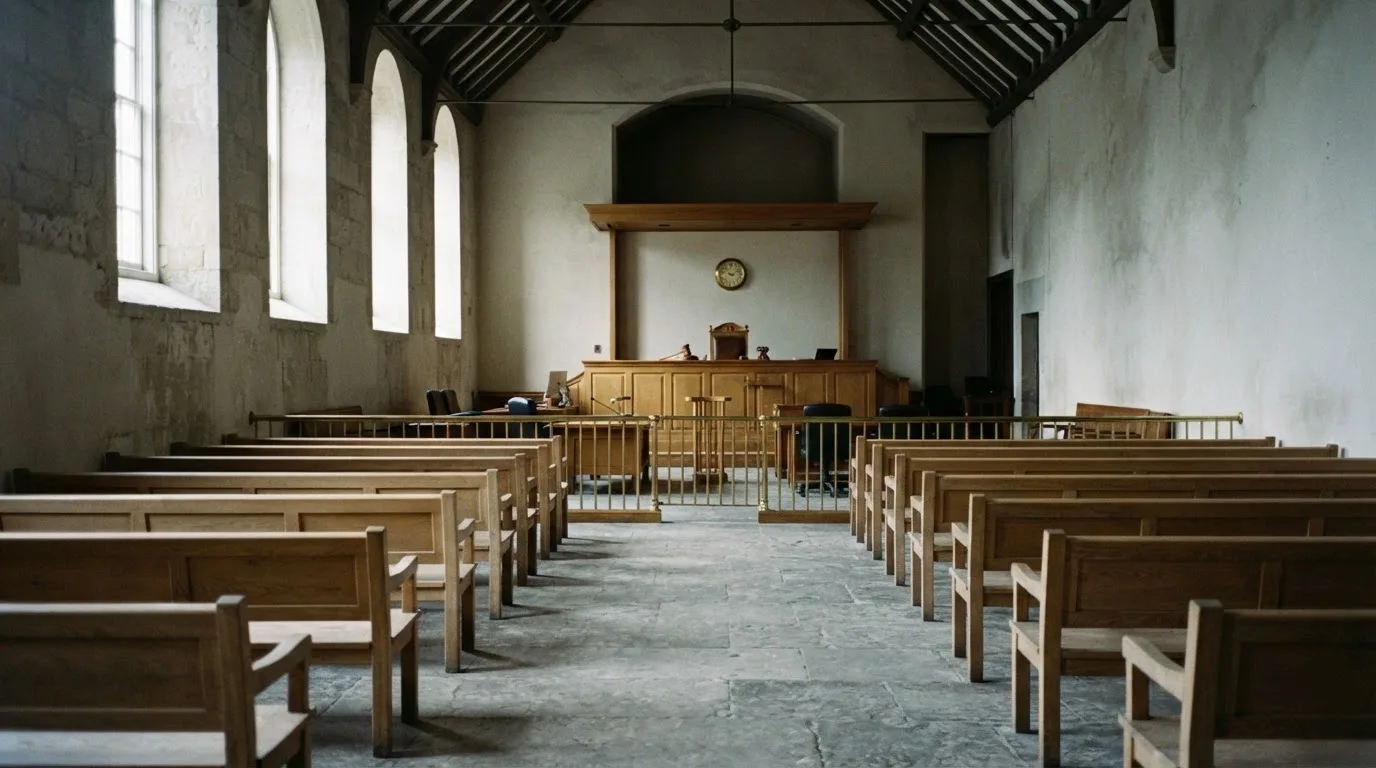 An empty courtroom with wooden benches in morning light