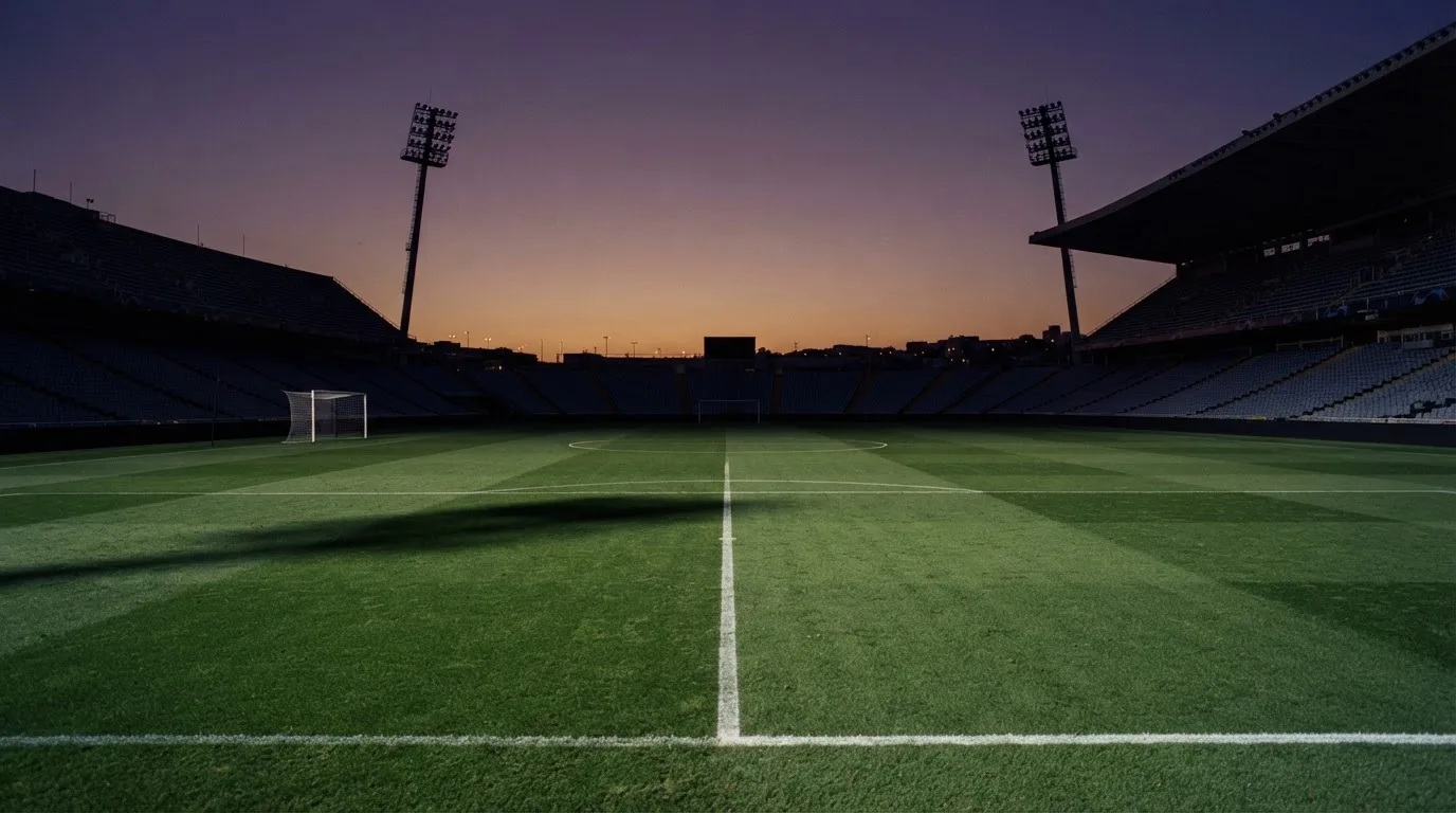 An empty football stadium with floodlight masts at dusk