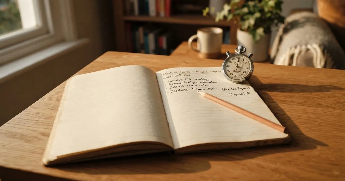 An open notebook with a pencil and a stopwatch on a wooden table