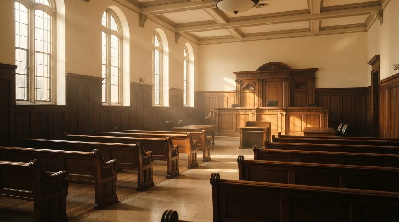An empty courtroom with wooden benches in morning light