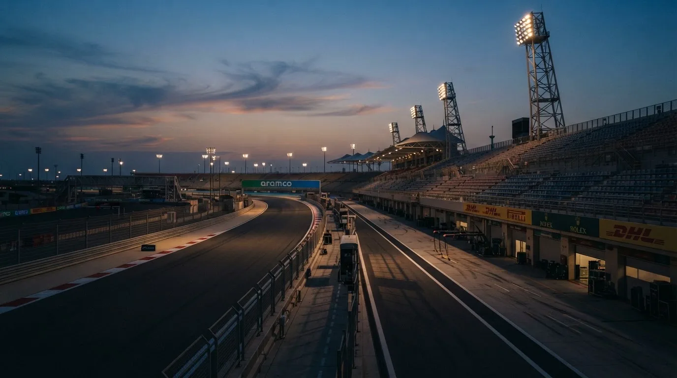 An empty football stadium with floodlight masts at dusk