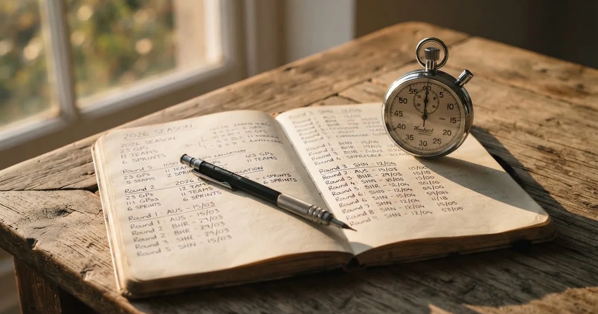 An open notebook with a pencil and a stopwatch on a wooden table