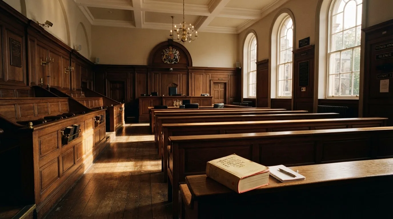 An empty courtroom with wooden benches in morning light