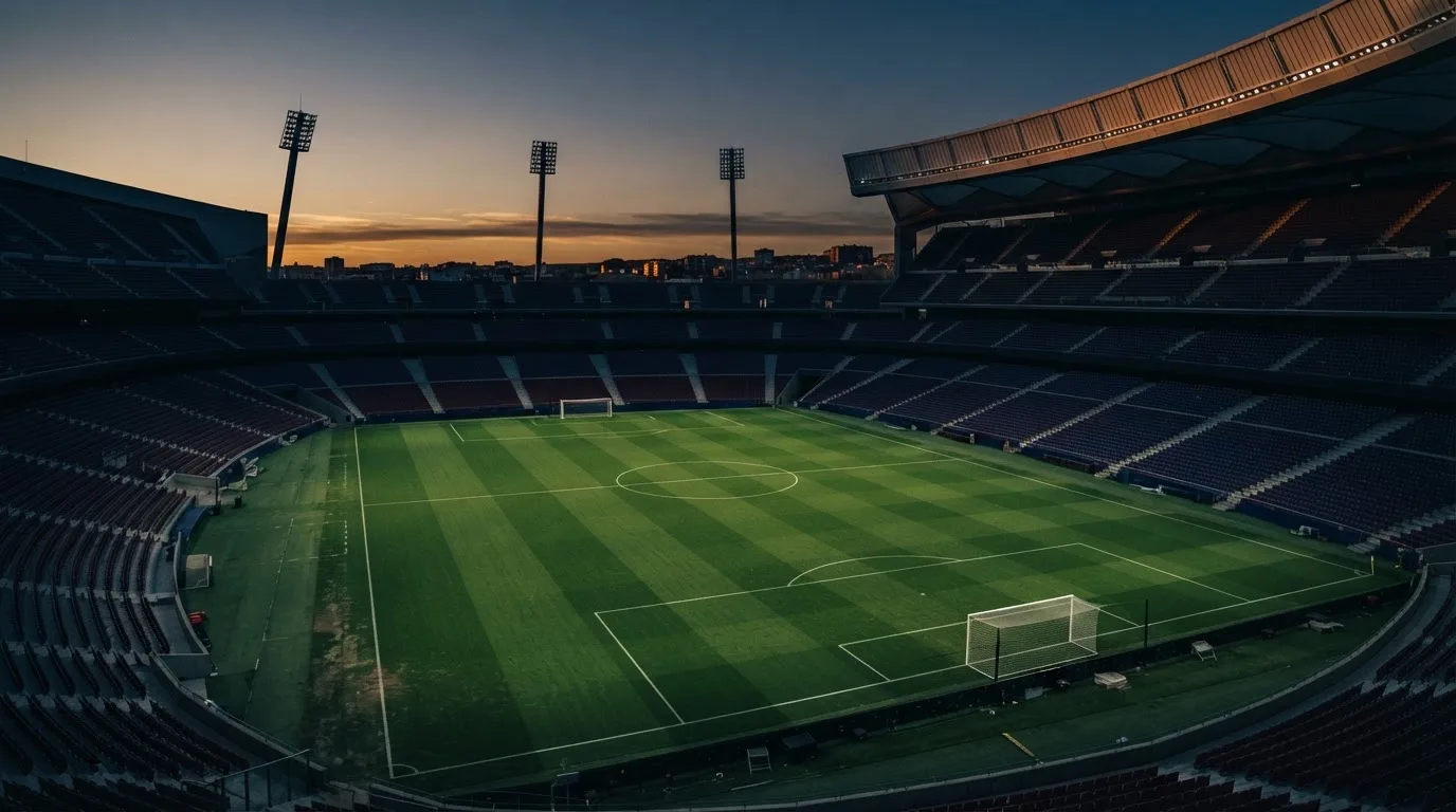 An empty football stadium with floodlight masts at dusk